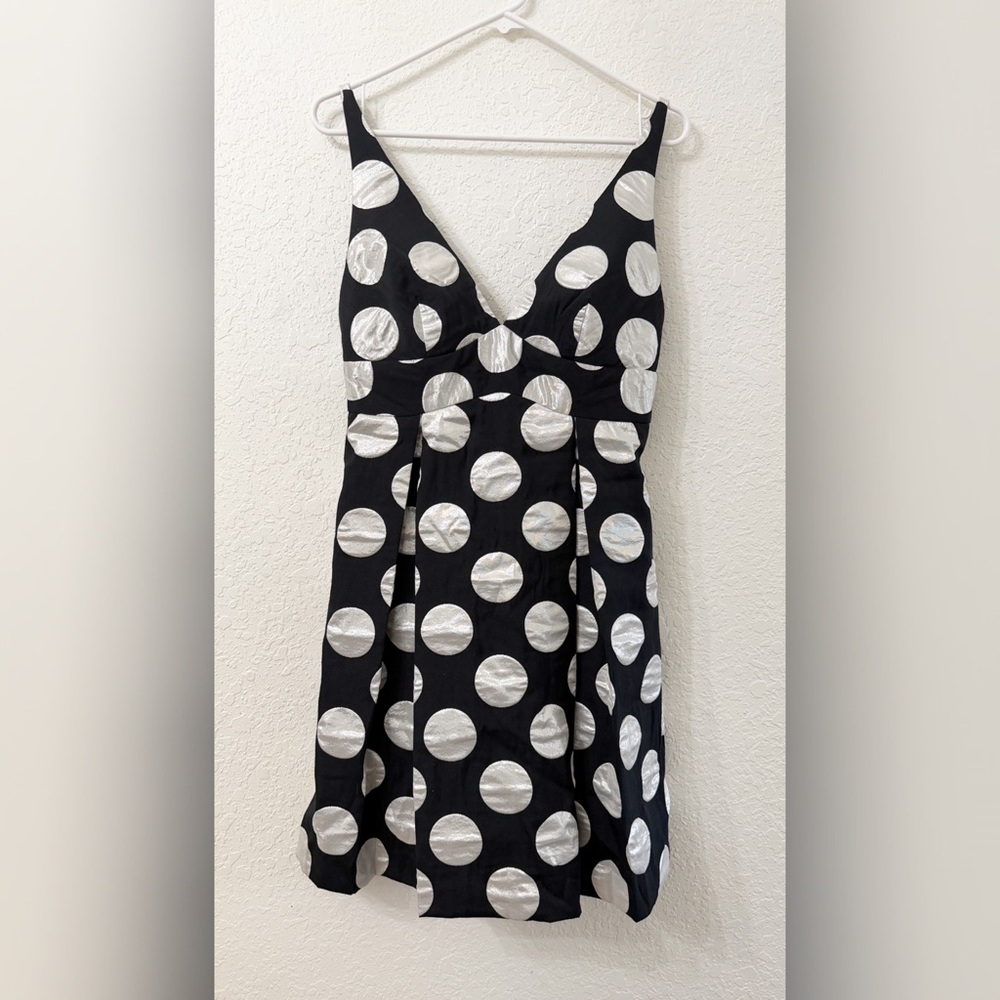 MILLY Of New York Polka Dot Dress Black Metallic Silver Bow Cocktail - 8